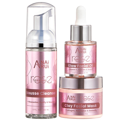 ANAIRUI Facial Skin Care Set - Rose Squalane Clay Mask - Rose Vitamin C Face Oil - Rosewater Foam Cleanser, for Hydrating, Moisturizing, Firming