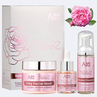 ANAiRUi Facial Skin Care Set - Rose Squalane Clay Mask - Rose Vitamin C Face Oil - Rosewater Foam Cleanser, for Hydrating, Moisturizing, Firming