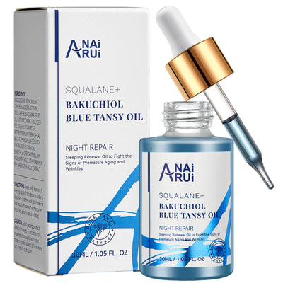 ANAIRUI Bakuchiol Blue Tansy Night Repair Facial Oil- for Deep Wrinkles & Fine Lines Soothing, Hydrating, Balancing, 1 FL.OZ