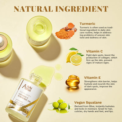 ANAIRUI Turmeric Oil with Plant Squalane & Vitamin C for Lightening Skin Fade Dark Spots 30ml