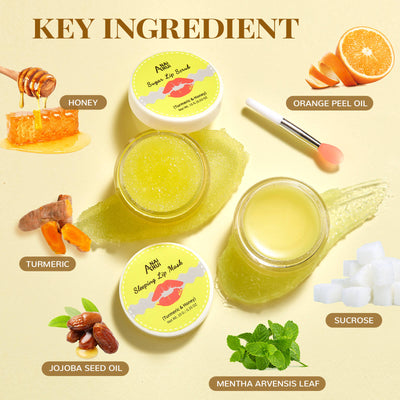 ANAIRUI Kit per la cura delle labbra al miele di curcuma con scrub per labbra allo zucchero, maschera per dormire in gelatina per labbra scure, esfoliante, riparatore