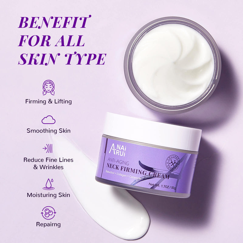 ANAIRUI Neck Firming Cream - Anti Aging Skin Tightening Cream  for Neck & Décolleté, with Bakuchiol Collagen & Ceramides - Day & Night Wrinkle Cream 1.7 Oz