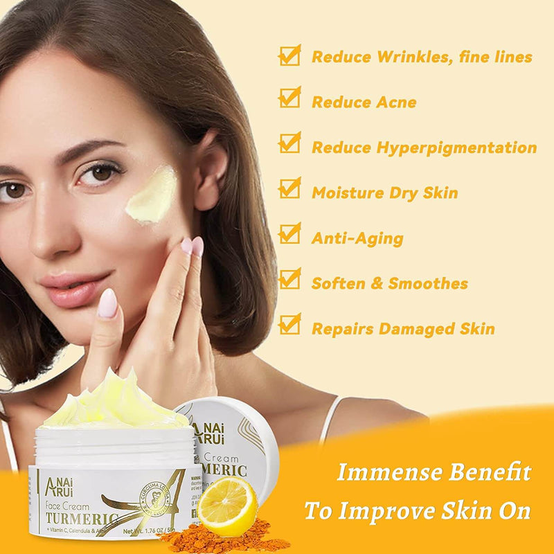 ANAIRUI Turmeric Vitamin C Face & Body Cream for Dark Spots, Wrinkles, Moisturizing, Skin Repairing 50g 1.76 oz