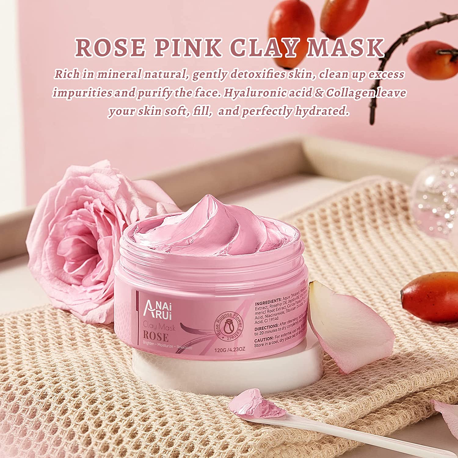 ANAIRUI Damascus Rose Pink Clay Face Mask for Brighten Moisturize Skin