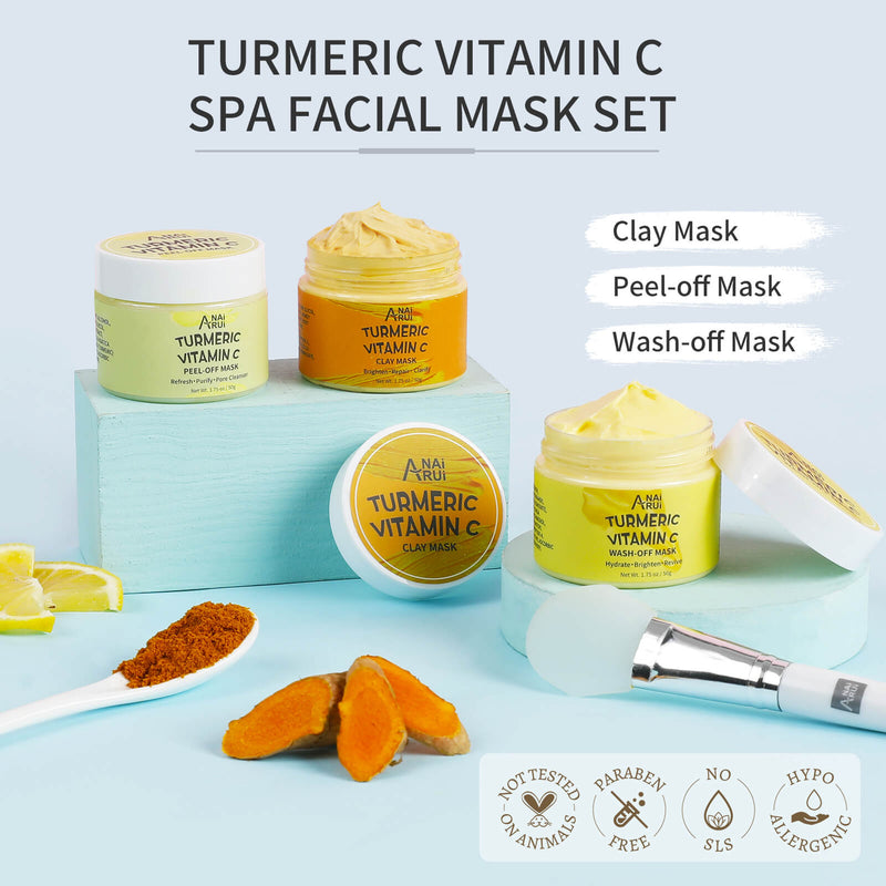 ANAIRUI Turmeric Vitamin C Face Mask Set 3-Packs with Clay Mask, Peel Off Mask, Wash Off Mask 150g
