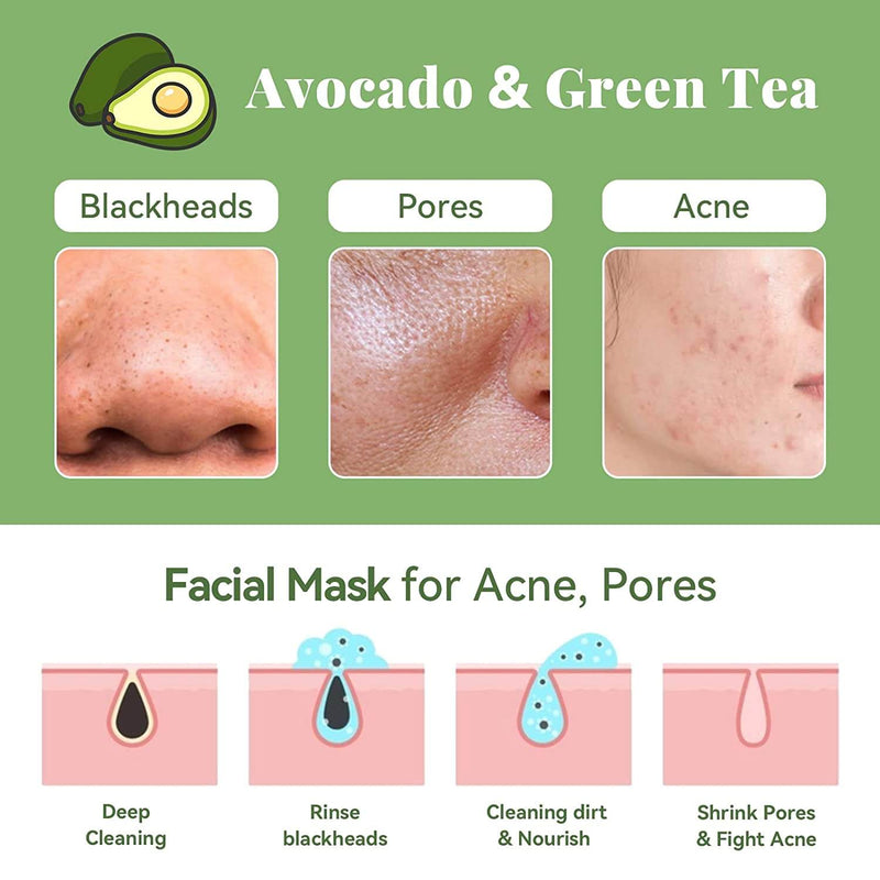 ANAIRUI Avokado leire ansiktsmaske med grønn te for hudrensing, fuktighetsgivende ansiktsmaske 120g